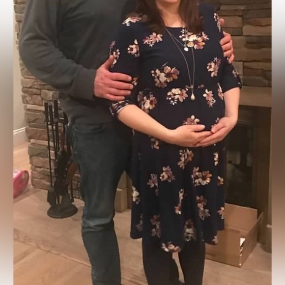 French Grey Navy Fall Floral Maternity Midi Dress 3/4 sleeves empire waist - Picture 12 of 12